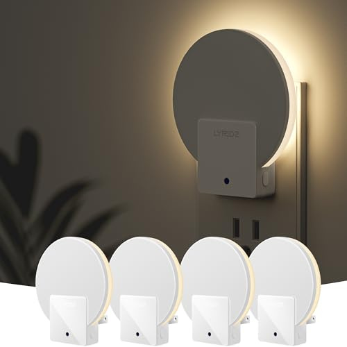 Lyridz Plug in LED Backlit Night Light with Auto Dusk to Dawn Sensor, 1-50 LM Dimmable Warm White Nightlight Indoor for Bedroom, Bathroom, Kids Room, Pet House, Kitchen, Stairs, Hallway, 4 Pack
