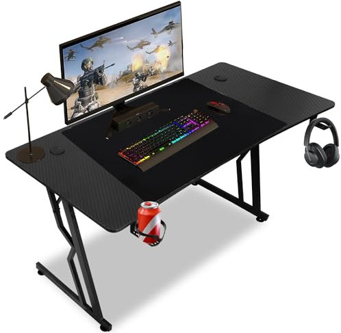 Ollewiellan Gaming Schreibtisch 140 x 60cm, Ergonomischer Gaming Tisch, Stabiler Gamer Tisch, PC Tisch Gaming mit Kohlefaserbeschichtung, Computertisch mit Getränkehalter und Kopfhörerhaken, Schwarz