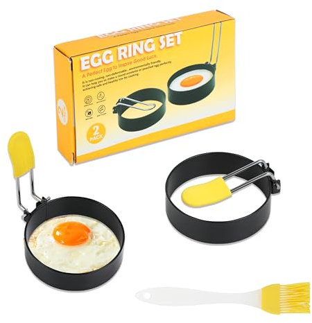 Stampo pancake 2 Pezzi – Anelli per uova rotondi – Anello di Uovo – con manico pieghevole e pennello per olio – adatti per padelle – perfetti per uova, sandwich, polpette e hamburger