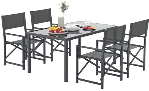 Outsunny Sitzgruppe 5-teilig Essgruppe Stahl für 4 Personen Esstisch mit 4 klappbar Stühlen Esszimmergruppe mit Glastisch Küchentisch-Set Balkonmöbel Gartenmöbel für Terrasse, Balkon Grau