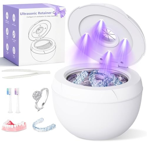 Dental Ultrasonic Retainer Cleaner Machine - 45kHz Cleaning Pod for Dentures, Mouth Guard, Aligner, Night Guard, Toothbrush Heads & Jewelry, 4 Cleaning Modes, Digital Timer, 200ML Capacity, White