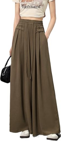 JIA QING YAN Women High-Waist Wide-Leg Pants Sporty Culottes with Pockets Casual Attire Pleated Design Pants (Coffee,Medium)