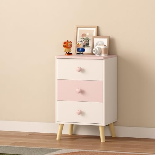 [en.casa] Cassettiera per Cameretta Bambini Comò con 3 Cassetti Mobiletto Contenitore con Maniglie a Cuore 62 x 38 x 30 cm Bianco/Rosa