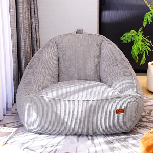 UODERS Giant Bean Bag Chair for Adults, Teens and Kids, Cozy Fluffy Corduroy Beanbag Chair with Filler, Large Floor Lounge Sofa for Living Room, Bedroom, Dorm, Gaming and Reading（L-Light Grey）