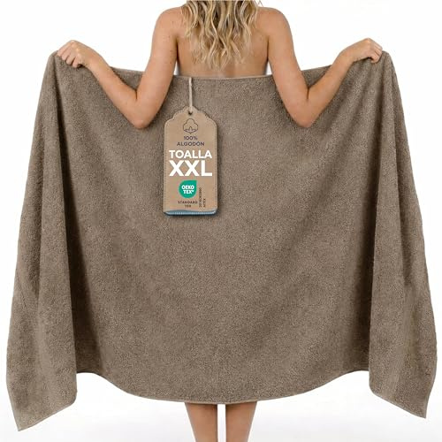 Twinzen Toalla de Baño Grande 100x200 cm – Toalla XXL de Algodón 100%, Absorbente y Suave, con Cinta para Colgar, Certificada Oeko-Tex, Marrón