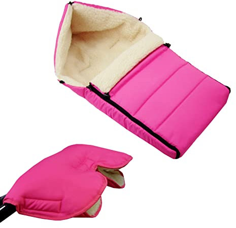 BAMBINIWELT KOMBI-ANGEBOT Muff + Winterfußsack 90cm - aus Lammwolle für Kinderwagen, Buggy, Radanhänger - WOLLE - LINIERT (pink)