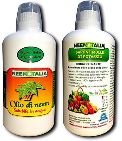 Neem Italia - Olio di Neem e Sapone Molle Potassico per Piante 1+1 Litri, l’Olio Solubile Agisce Naturalmente Contro Insetti e Funghi, il Sapone Molle di Potassio Potenzia le Proprietà del Trattamento