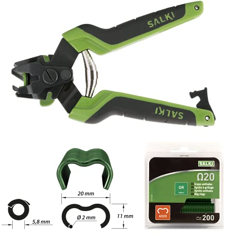 SALKI | Pack Agrafeuse pour Clôtures avec Chargeur FSK20C | Coupeur de Câbles Incorporé | Blister de 200 Agrafes Ω20 | Vertes