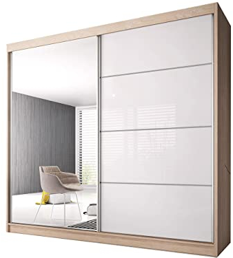 Fabryka Mebli Idźczak Kleiderschrank mit Spiegel - Schwebetürenschrank - Schlafzimmerschrank - 61 x 203 x 218 cm - Schrank für Schlafzimmer, Ankleidezimmer, Garderobe, Wohnzimmer - Weiß, Sonoma