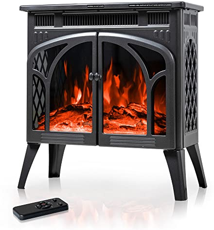 Electactic 24Inch Electric Fireplace Stove, Free-Standing Infrared Fireplace Stove, Controllable 3D Flame, 4 Variable Flame&Log Colors, 1500w, Grey