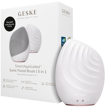 GESKE SmartAppGuided™ Sonic Facial Brush 5 in 1 | vibrating electric facial cleansing brush | soft silicone brush | professional facial cleanser | skin cleanser & exfoliator | face massager