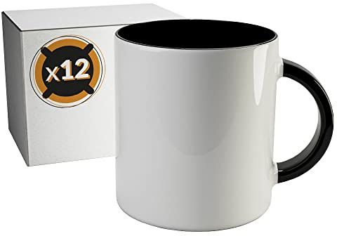 PixColor – 12 tazze a sublimazione in ceramica bianca con interno di colore nero | Scatola singola neutra | 350 ml (11 oz) | Categoria AAA | Lavabile in lavastoviglie e microonde