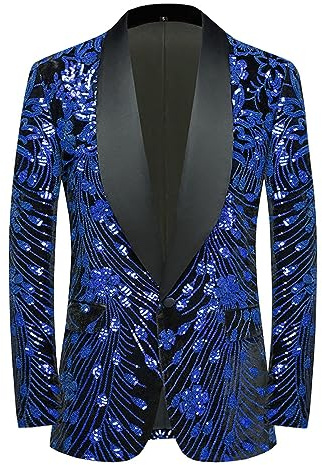 Pyiujtr Men's Sequins Velvet Shawl Collar Stage Party Prom Wedding Dinner Suit Jacket Blazer Blue