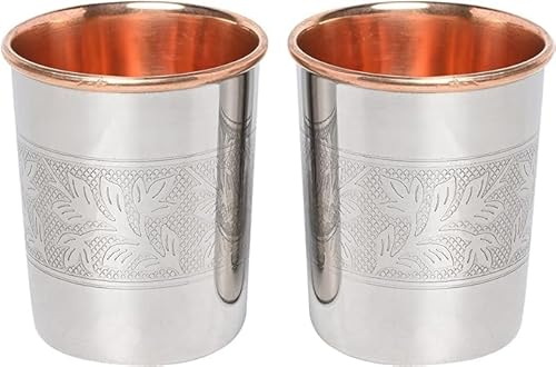 Lot de 2 gobelets extérieurs en acier inoxydable et intérieur en cuivre pur, motif floral pour bienfaits ayurvédiques pour la santé, capacité de 250 ml