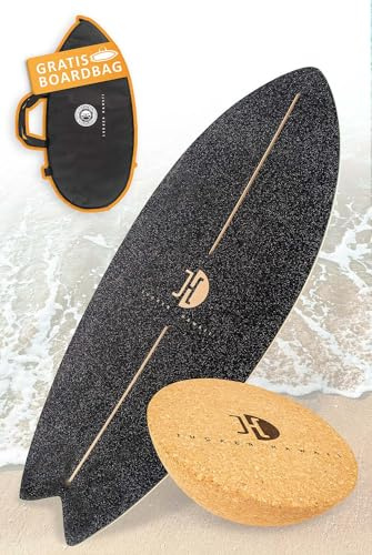 JUCKER HAWAII Surf Balanceboard Ocean Rocker Svart | Balansbräda med unik rocker form | Balansbräda av trä med halvkula av kork | Surf Balanceboard