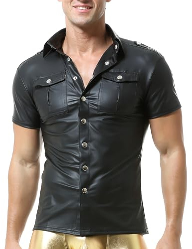 Mens Leather Undershirts Short Sleeves Shirt Button Closed Shirts Wetlook Muscle Fit Clubwear