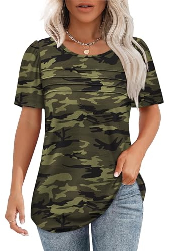 Camo Shirts for Women 4th of July Tops Short Sleeve Summer Tops 2026 Dressy Casual Blouses Pleated Loose Fit Camouflage 3XL
