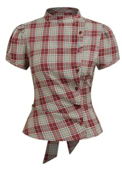 CIDER Plaid Shirt for Women Stand Collar Button Blouse Puff Sleeve Tie Back Office Shirts Women Casual Top Wine