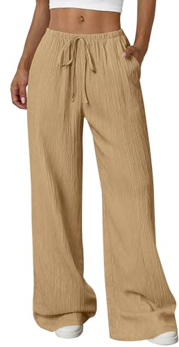 PRETTYGARDEN Womens Palazzo Pants Summer Fashion 2026 High Waisted Wide Leg Drawstring Flowy Beach Trousers with Pockets (Khaki,Small)