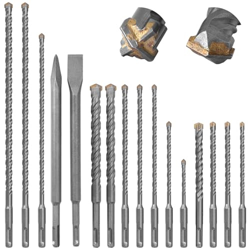CYLBAQ Juego de brocas SDS Plus, brocas de martillo giratorio SDS-Plus, brocas de mampostería + brocas cruzadas (4 bordes de corte) y juego de cinceles, taladro de hormigón con punta de carburo para