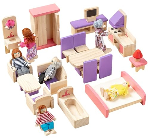 Hperu Ensemble de Meubles de Maison poupée en Bois avec Personnes et Accessoires Chambre, Jouets Simulation pour garçons et Filles, Cadeaux d'anniversaire Noël pour Enfants