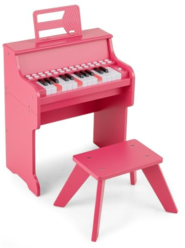 COSTWAY Pianoforte Digitale Bambini a 25 Tasti con Luci, Pianola Elettrica con 6 Toni, 15 Demo e 8 Percussioni, Set Tastiera Musicale con Sgabello e Leggio Rimovibile, per Bambini 3+ Anni (Rosa)