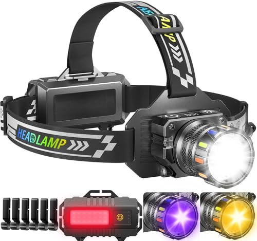 100000LM Head Torch Rechargeable,13 Modes Super bright Led Headtorch with UV/Warm/Red light & IPX7 Waterproof & 120° Adjustable & Motion & Zoomable, Red Warning Headlight for Running, Camping, Hiking