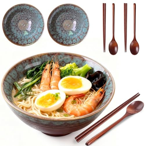 Umllpet Ramen - Set med 2 keramiska ramenskålar - 1200 ml - Med ätpinnar och skedar - Stor soppskål - För ramen, soppa, pasta, fruktsallad (påfågelsvans)