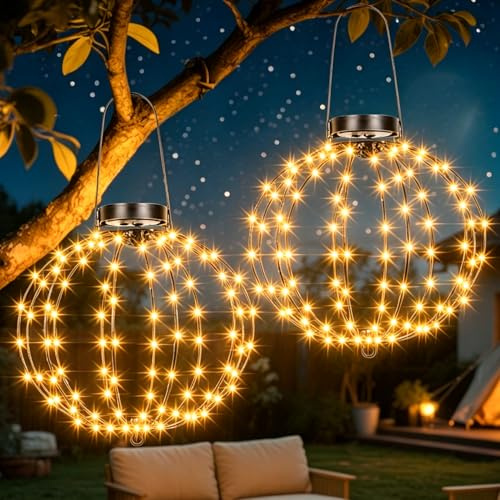 2 Pack Solar Hanging Ball Lights 30cm with Timer for Garden (Warm White) | Total 240 LED Solar Globe Lights with 8 Modes, Foldable Outdoor Ball Lights Waterproof Metal Sphere for Patio Yard Decor