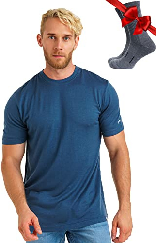 Merino.tech Camiseta Lana Merino Hombre - Camiseta Interior Hombre 100% de Lana Merino con Calcetines (Large, Denim)