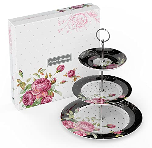 London Boutique 3 Tier Cake Stands Afternoon Tea Cake Stand Plates New Bone China Vintage Flora Gift for Her (Black)