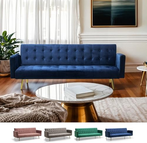 Produce Shop Divano Letto Moderno clic clac 3 posti in Velluto Gambe Dorate Caullae - Blu