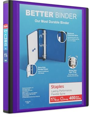 Staples Better Binder, 1.5 Heavy‑Duty D‑Ring 3‑Ring Binder, Purple, Reinforced Spine, Holds 400 Sheets, Reliable Organizer for Classes, Office & Projects, 3‑Pack