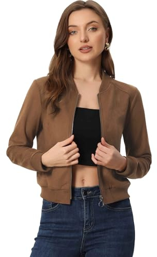 Allegra K Faux Suede Cropped Coat for Women's Stand Collar Zip Up Biker Moto Bomber Jackets X-Large Brown
