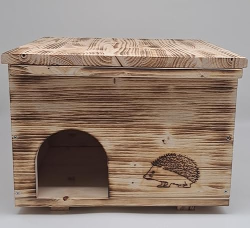 Holzdeko-Ma Igelhaus Igelhotel Igelhütte Futterhaus für Igel Igelfutterhaus edel geflammt mit Boden und Rattenklappe(IGKB)