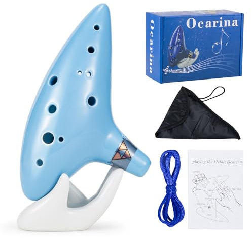 VixxNoxx Zelda Ocarina 12-Loch Alt C, Ocarina of Time Replica, Klangheilungsinstrumente für Erwachsene Anfänger mit Tutorial Display Stand (Himmelblau)