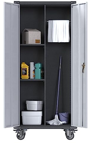 SUPEER Metal Garage Storage Cabinet with Wheels, Broom Closet Storage Cabinet with Hanging Rod, 180cm Tall Rolling Tool Storage with Locking Doors and Shelves(Black/Silvery)