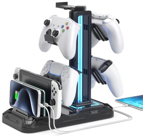 KDD Soporte Cascos Gaming con Ranuras para Teléfono -Soporte Mando con 9 Modos de Luz - Porta Auriculares Mesa con Puertos de Carga USB para Almacenamiento para Juegos Accesorios Gaming PC, Negro