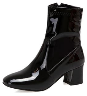 FQMAYPO Mujer Botines De Charol Punta Cuadrada Botines Invierno con Tacón Grueso con Cremallera Lateral Botas Chelsea Vestir Botas Moda con Tacón Bloque Botas Moto,Negro,38 EU