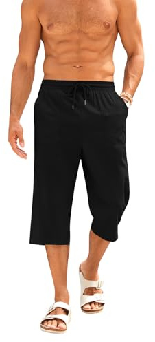 Runcati Bermuda 3/4 pour homme en coton et lin - Longueur 3/4 - Pantalon d'été - Yoga - Jogging - Décontracté - Short de sport - Pantalon de loisirs - Avec poches, Noir , XL