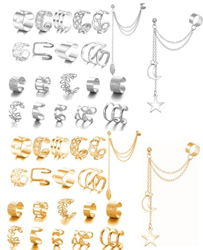 TOZBLEU Manchette d'Oreille,64pcs Manchette D'oreille Réglable Clip Femme Faux Piercing Oreille Réglables Boucles Oreille Sans Trou Ear Cuff Non Piercing Helix Cartilage Boucles d'Oreilles Ensemble