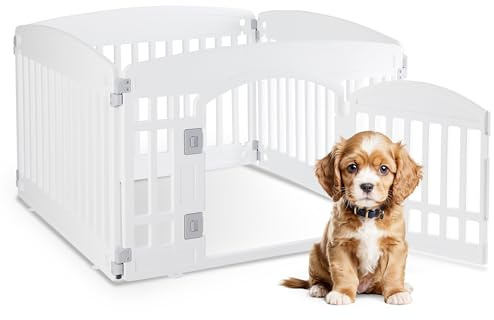 HealSmart 4 Panel Dog Playpen, 24” Exercise Puppy Playpen with Door, Safe, Secure, Folding & Portable Pet Playpen for Indoor & Outdoor Use, Suitable for Puppies and Small, White