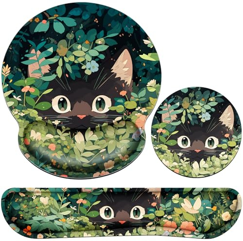 Tapis Souris 3-en-1 Gel Mémoire,Repose-Poignet,Sous-verre Antidérapant | Ergonomique en Gel avec Mousse Mémoire+Repose Poignet Clavier+Sous-verres Antidérapant, Tapis de Souris pour Gamer pour Burea