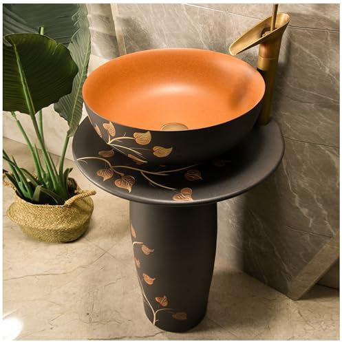 RDIAYDN Modern Ceramic Bathroom Basin Sink With Full Pedestal, Hand-Carved Column Sink Industrial Style Art Washbasin, Ceramics Pedestal Sink,with mirror