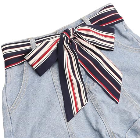 WENLOOY Women's Striped Navy Satin Scarf, Long Skinny Sash Belt Necktie Choker