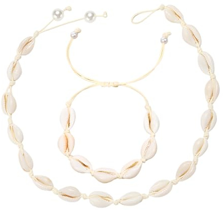 NOPKESV Set di 2 pezzi comprende braccialetto e collana conchiglie naturali, stile Boho, collana conchiglie regolabile, adatta ai gioielli da spiaggia donna