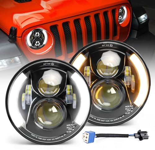 CO LIGHT 7 Inch LED Headlight Round Half Halo Angel Eyes DRL Amber Turn Signal Lights DOT and E-Mark Approved, H6024 LED Headlights with H4 H13 Adapter Compatible for Wrangler JK TJ LJ CJ, 2PCS