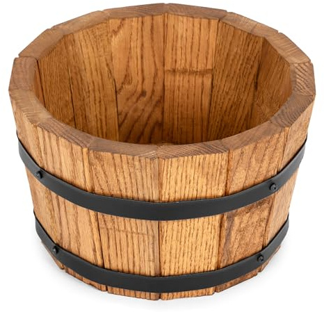 Drewdon Großer Eichen Holz Blumentopf Runder Garten Pflanzkübel mit Metallringen, Dekoratives Holzfass als Pflanztopf – Wetterfeste Blumenkübel für draußen, Balkon, Terrasse & Garten (Ø28 x H17)