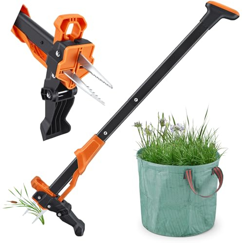 Unkrautstecher+50L Gartensack, Unkrautausstecher mit 4 Edelstahl Krallen, Stand up Unkrautentferner Länge 100cm, Unkraut Entferner Gerät, Gartenwerkzeug für Rasen, Hof, Garte