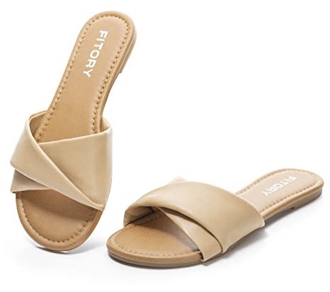 FITORY Women's Sandals Flat Slip On Leather Summer Slide Light Tan Size 5